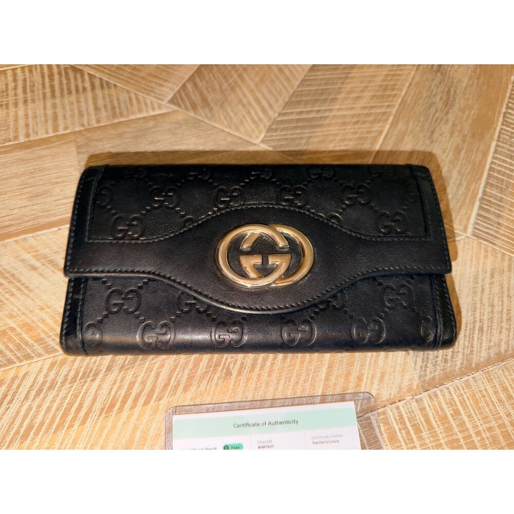 Authentic Black GUCCI Leather Guccissma Wallet Black Mixed Metals GG COA